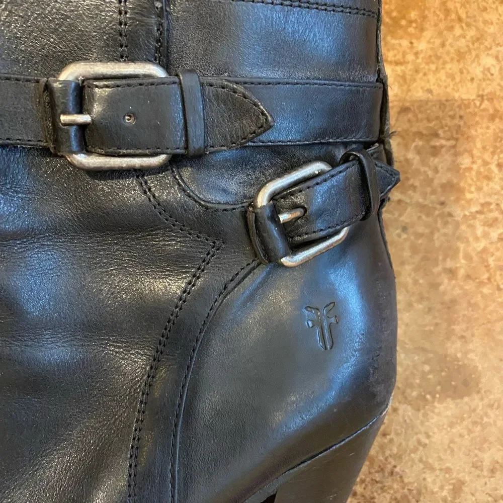 Frye Black leather‎ Jenny Shield stack heeled short boot Booties sz 8.5 - Picture 6 of 11